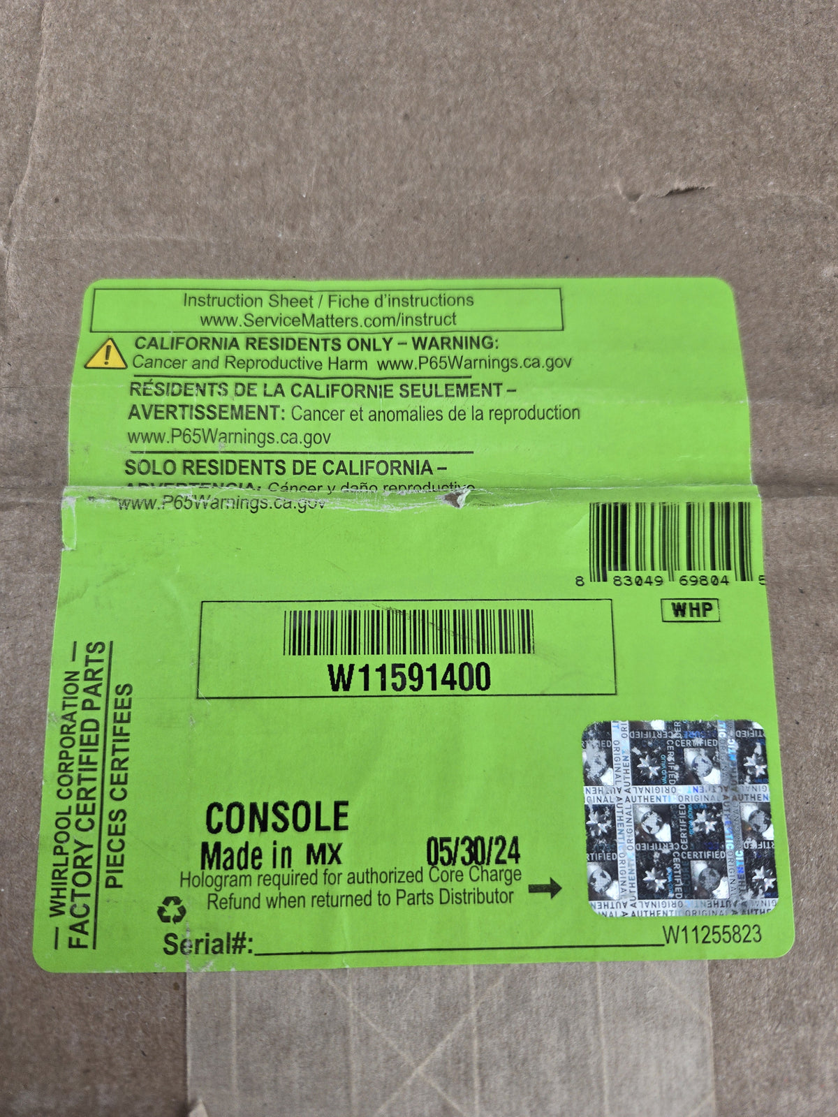 Whirlpool W11591400 Washer Backsplashes / Consoles / Control Panels Replaces W11531670