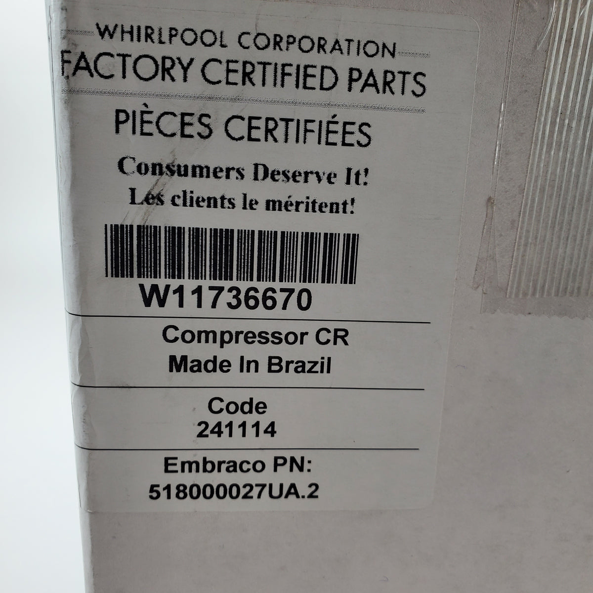 Whirlpool Refrigerator & Freezer Compressors W11736670