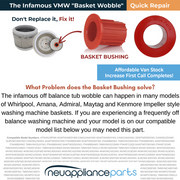 Washing Machine Basket Bushing - 52719 | Fixes & Repairs Whirlpool Off-Balance Tub Wobble | Fits 443 Washer Models of Whirlpool, Maytag, Amana & Kenmore Models